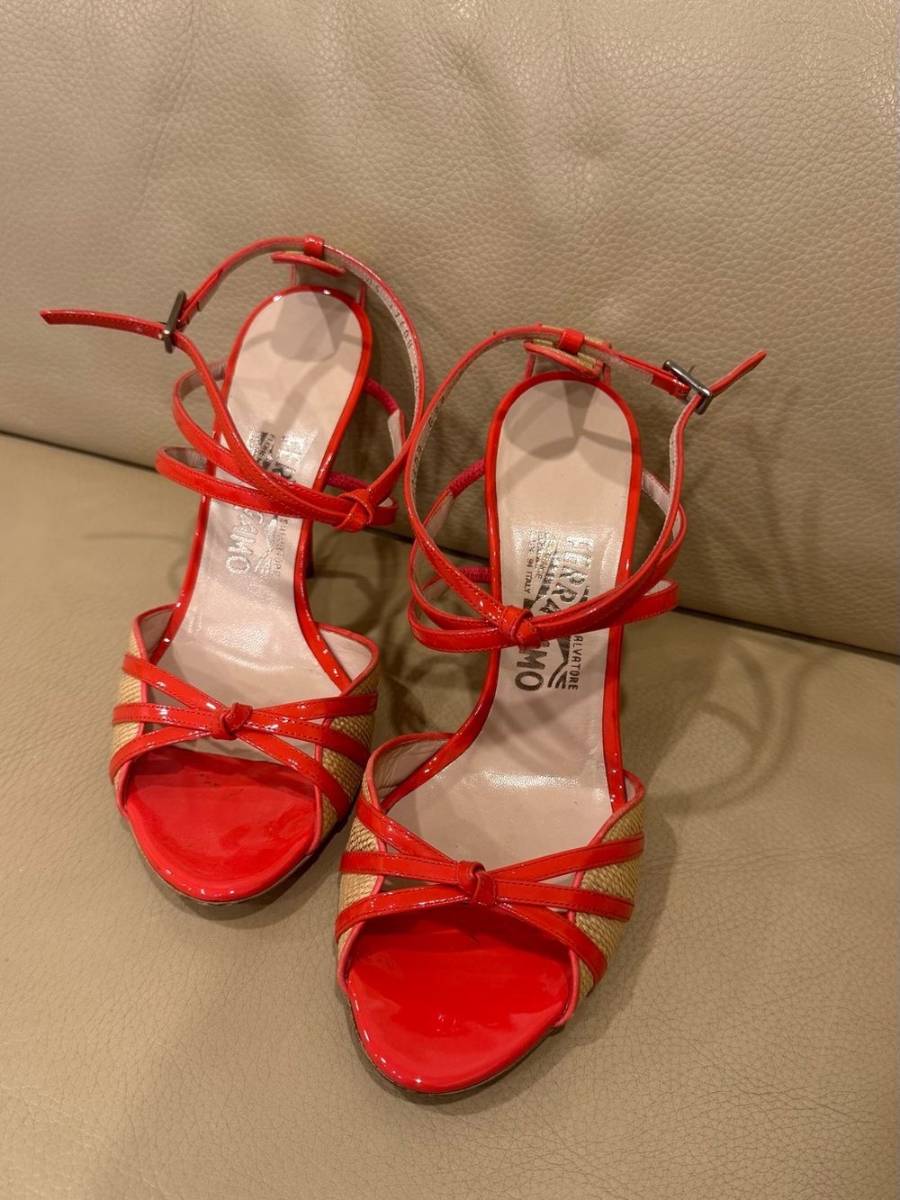 Salvatore Ferragamo Red Patent & Natural Woven Strappy Heels - Picture 4 of 8